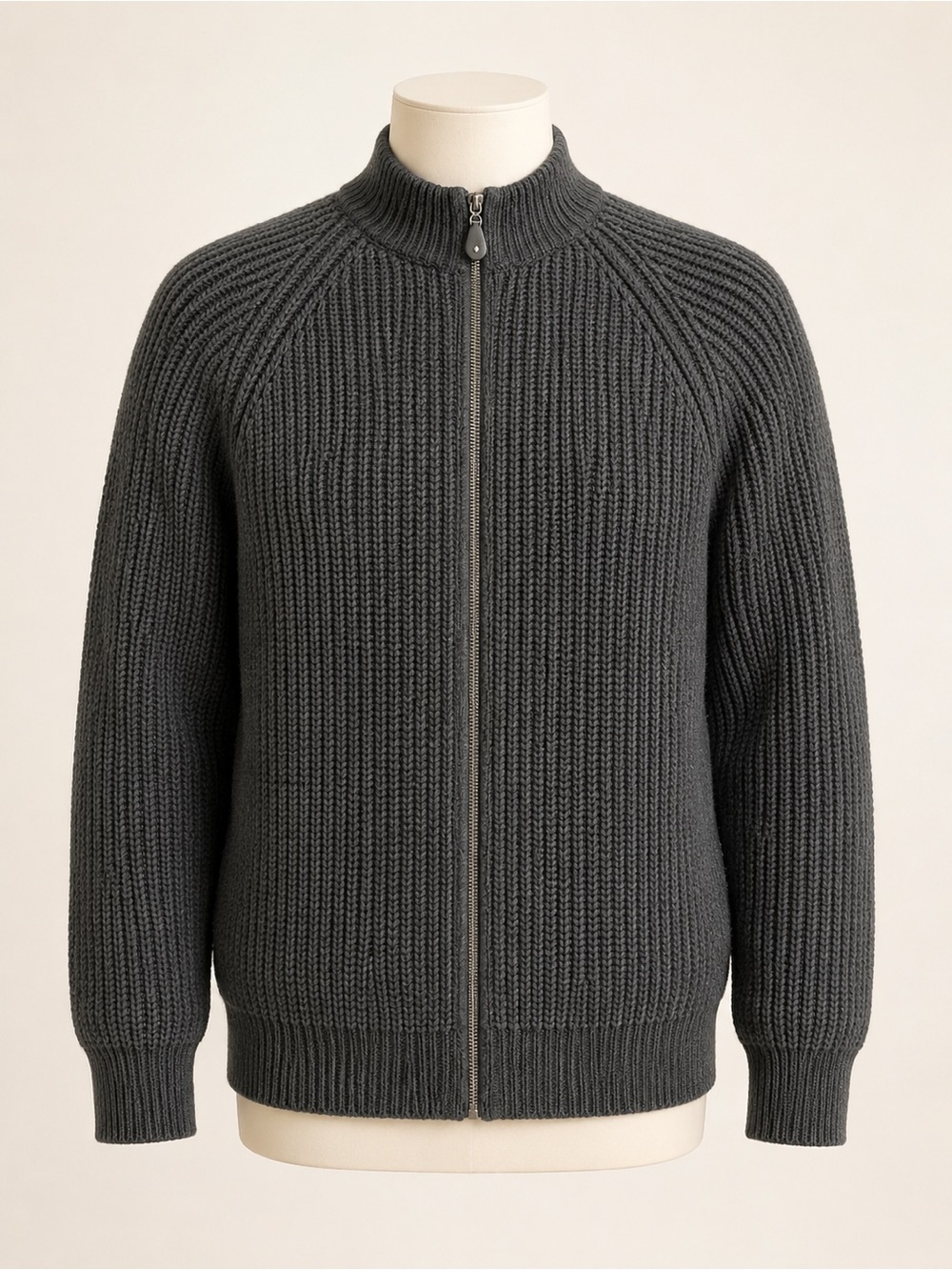 Men’s Charcoal Chunky Knit Full Zip Mock Neck Sweater Large